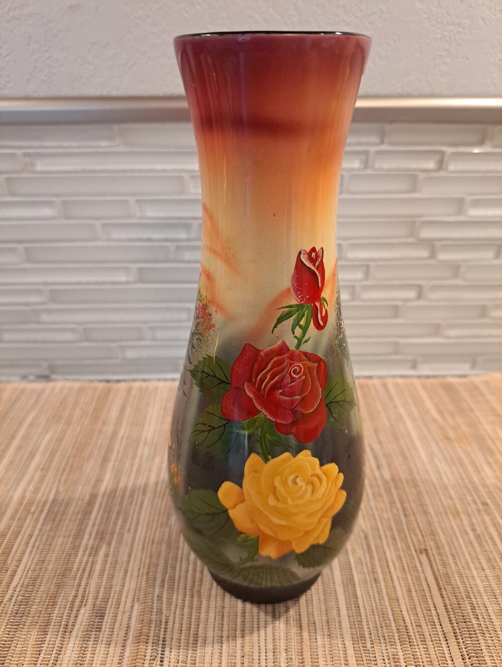 Hand Painted Oriental Style Wood Vase Mountains Flowers 8" Tall Vietnam